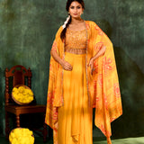 Bright Yellow Crepe Silk Embroidered Indo-Western Set