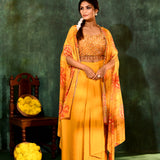 Bright Yellow Crepe Silk Embroidered Indo-Western Set