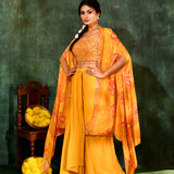Bright Yellow Crepe Silk Embroidered Indo-Western Set