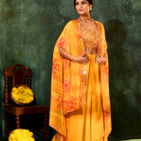 Bright Yellow Crepe Silk Embroidered Indo-Western Set