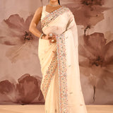 Moonlit Ivory Meenakari Floral Silk Blend Embroidery Saree