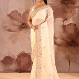 Moonlit Ivory Meenakari Floral Silk Blend Embroidery Saree