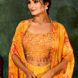 Bright Yellow Crepe Silk Embroidered Indo-Western Set