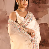Moonlit Ivory Meenakari Floral Silk Blend Embroidery Saree