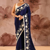 Royal Navy Blue Floral Designer Silk Saree
