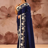 Royal Navy Blue Floral Designer Silk Saree