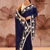 Royal Navy Blue Floral Designer Silk Saree