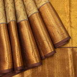 Cream Gold And Copper Brown Gold Zari Medallion Pure Silk Kanjivaram Saree With Mustard Gold Pallu