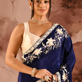 Royal Navy Blue Floral Designer Silk Saree