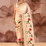 Pearl White Floral Border Designer Embroidery Tissue Saree