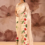 Pearl White Floral Border Designer Embroidery Tissue Saree