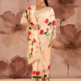 Pearl White Floral Border Designer Embroidery Tissue Saree