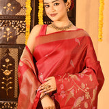 Crimson Red With All Over Bird Motif Kanjivaram Silk Saree