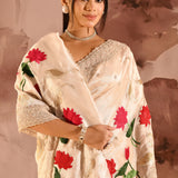 Pearl White Floral Border Designer Embroidery Tissue Saree