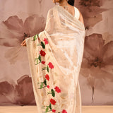 Pearl White Floral Border Designer Embroidery Tissue Saree