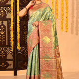 Mint Green Floral Jaal Kanjivaram Tissue Saree