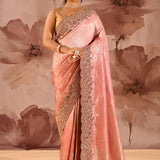Blush Pink With Ornate Stone Embellished Scallop Border Designer Tissue Saree