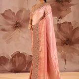 Blush Pink With Ornate Stone Embellished Scallop Border Designer Tissue Saree