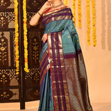 Teal Blue Butti Temple Border Kanjivaram Silk Saree