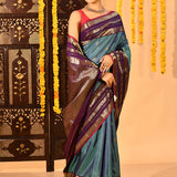 Teal Blue Butti Temple Border Kanjivaram Silk Saree