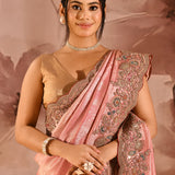 Blush Pink With Ornate Stone Embellished Scallop Border Designer Tissue Saree