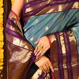 Teal Blue Butti Temple Border Kanjivaram Silk Saree