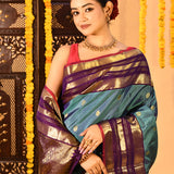 Teal Blue Butti Temple Border Kanjivaram Silk Saree
