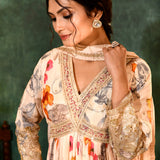 Multicolour Pastel Tissue Floral Printed Anarkali Set