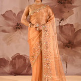 Peach With Scattered Floral Stone Embellishment Organza Saree