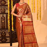 Red With Gold And Silver Design Stripes Kanjivaram Silk Saree
