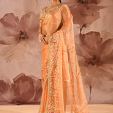 Peach With Scattered Floral Stone Embellishment Organza Saree