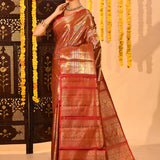 Red With Gold And Silver Design Stripes Kanjivaram Silk Saree