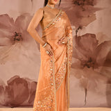 Peach With Scattered Floral Stone Embellishment Organza Saree