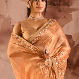Peach With Scattered Floral Stone Embellishment Organza Saree
