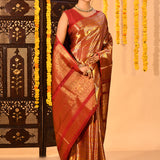 Red With Gold And Silver Design Stripes Kanjivaram Silk Saree