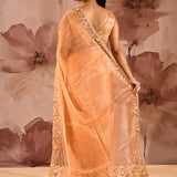 Peach With Scattered Floral Stone Embellishment Organza Saree