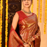 Red With Gold And Silver Design Stripes Kanjivaram Silk Saree