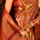 Red With Gold And Silver Design Stripes Kanjivaram Silk Saree