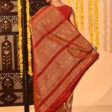Red With Gold And Silver Design Stripes Kanjivaram Silk Saree