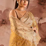 Antique Gold Shimmer With Sequin And Bead Scallop Border Designer Tissue Saree