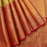 Olive Green & Red Kanjivaram Silk Saree With Heavy Gold Zari Border