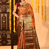 Burnished Amber Checked Contrast Border Tissue Kanjivaram Saree