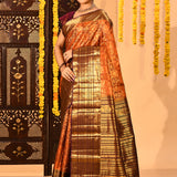 Burnished Amber Checked Contrast Border Tissue Kanjivaram Saree