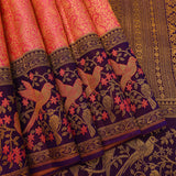 Coral Pink & Purple Shikargah Kanjivaram Silk Saree With Gold Zari