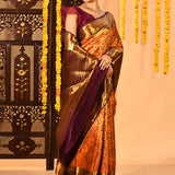 Burnished Amber Checked Contrast Border Tissue Kanjivaram Saree