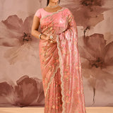 Metallic Pink Floral Meenakari Jaal Organza Embroidery Tissue Saree
