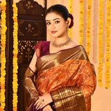 Burnished Amber Checked Contrast Border Tissue Kanjivaram Saree