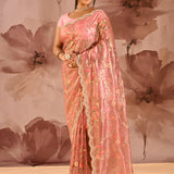 Metallic Pink Floral Meenakari Jaal Organza Embroidery Tissue Saree