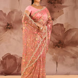 Metallic Pink Floral Meenakari Jaal Organza Embroidery Tissue Saree