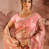 Metallic Pink Floral Meenakari Jaal Organza Embroidery Tissue Saree